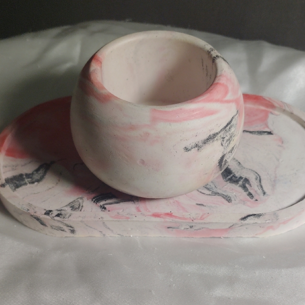 Hand Sculpted Resin Crete Marbled Pink/Black Set For Trinkets -Candles- Incense